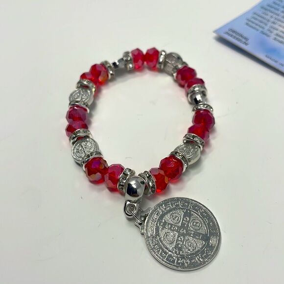 St. Benedict Red Crystal Silver Beaded Stretchy Bracelet - Picture 6 of 7